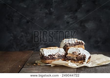 Delicious Smores Peanut Butter Brownie Bars With Free Space For Text. Extreme Shallow Depth Of Field