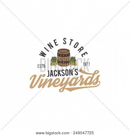 Wine Shop Logo, Label. Organic Wines.vineyard Badge. Retro Drink Symbol - Wine Barrel, Vines. Typogr