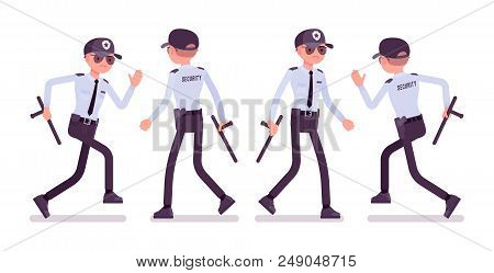 Male Security Guard Walking And Running. Uniformed Officer Or Protective Agent With Baton. Public An