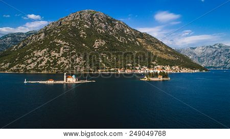 Aerial View Of The Our Lady Of The Rocks Church And Island Of Sveti Djordje In The Kotor Bay Near Pe