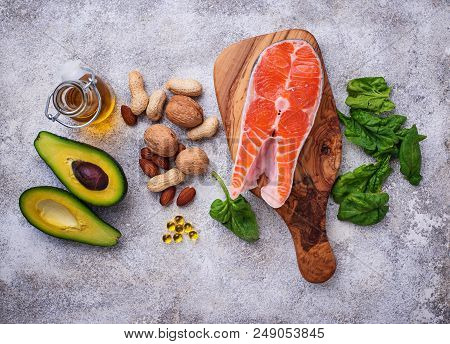 Selection Of Healthy Fat And Omega 3 Sources. Pruducts And Fish Oil Capules. Top View