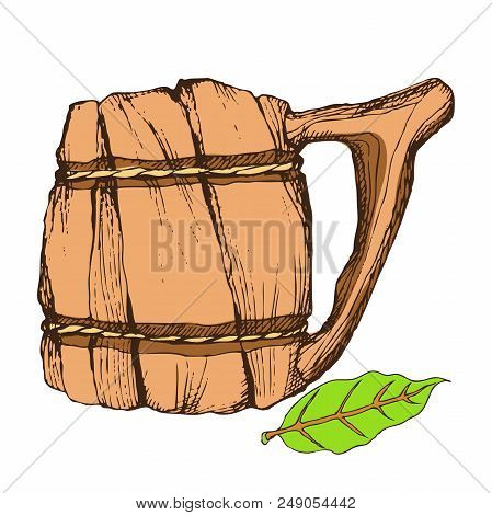 Wooden Mug For Drinks. Isolated Object On A White Background For The Design Of Advertising Beer Stor