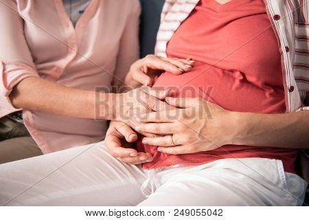 Daughter Visit. Pregnant Daughter Wearing Plain Pink Shirt Sitting On Sofa While Coming To Her Mothe