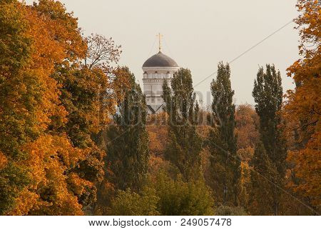 White Stone Church In The Old Autumn Park