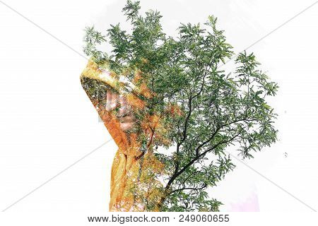Double Exposure Of A Man In A Hood. Double Exposure Of A Guy Among The Leaves. Creative Art Illustra