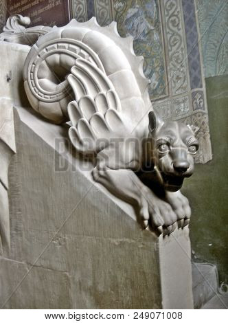 A stone dragon on the banisters of a stairway in Wartburg, Eisenach, Germany.