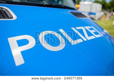 Polizei Sign On A German Police Car. Polizei Is The German Word For Police Department.