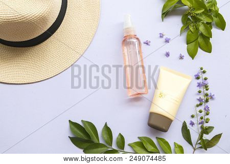 Natural Cosmetic For Skin Face Sunscreen Spf50 And Water Spray Face Of Lifestyle Woman Relax Summer