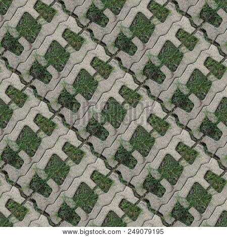 Seamles Pattern Of Concrete Road Tile On The Green Grass Path