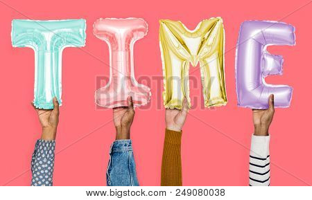 Hands showing time balloons word