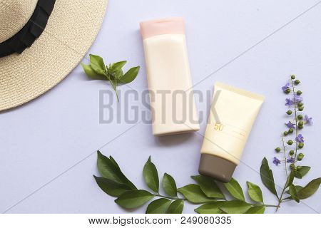 Natural Cosmetic For Skin Face Sunscreen Spf50 And Body Lotion Of Lifestyle Woman Relax Summer