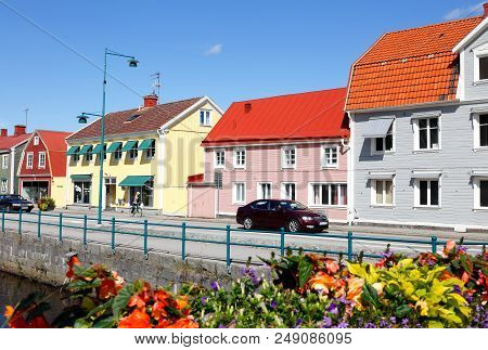 Ronneby, Sweden - August 23, 2017: Buildings And A Car At Strandgatan Street In Downtown Ronneby Dur