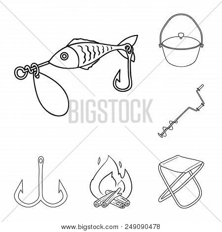 Fishing And Rest Outline Icons In Set Collection For Design. Tackle For Fishing Vector Symbol Stock 