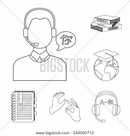 Translator And Linguist Outline Icons In Set Collection For Design. Interpreter Vector Symbol Stock 
