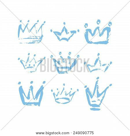Hand Drawn Crown Icon Set In Blu Color. Ink Brush Crowns Background For Baby Prince. Vector Illustra