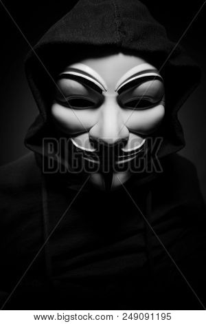 St. Petersburg - Russia - 25 January 2018 - Man Wearing Vendetta Mask. This Mask Is A Well-known Sym