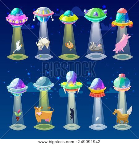Ufo Vector Alien Spaceship Or Spacecraft And Spacy Ship With Animal Character Cat Or Pig Illustratio