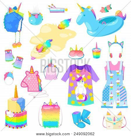 Unicorn Vector Cartoon Kids Accessories Or Clothing In Girlish Horse With Horn Style And Colorful Po
