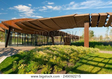 Tufeleva roscha architecture park in Moscow. Summer day at landscape park walk