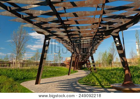 Tufeleva roscha architecture park in Moscow. Summer day at landscape park walk