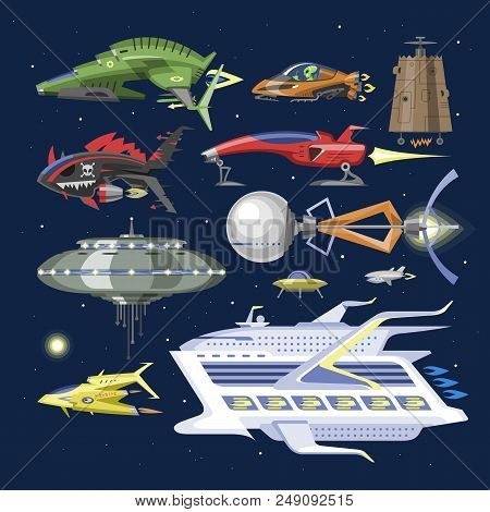 Spaceship Vector Spacecraft Or Rocket And Spacy Ufo Illustration Set Of Spaced Ship Or Rocketship In