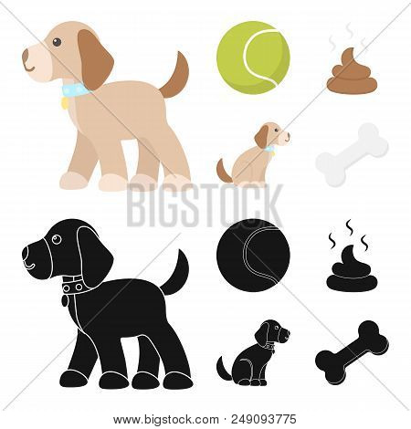 Dog Sitting, Dog Standing, Tennis Ball, Feces. Dog Set Collection Icons In Cartoon, Black Style Vect