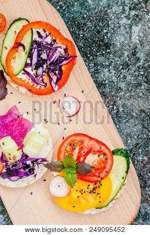 Open Sandwiches Of Rice Cakes With Cream Cheese , Vegetables, Healthy Breakfast