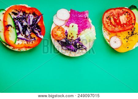 Open Sandwiches Of Rice Cakes With Cream Cheese , Vegetables, Healthy Breakfast