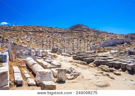 Ancient Ruins In The Island Of Delos In Cyclades, One Of The Most Important Mythological, Historical