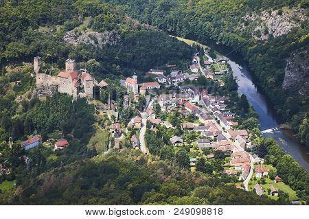 Aerial View Of Medieval Castle Hardegg With River Dyje In Austria.