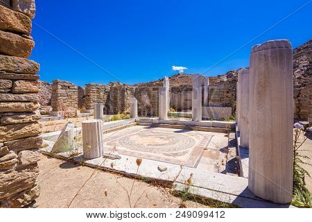 Ancient Ruins In The Island Of Delos In Cyclades, One Of The Most Important Mythological, Historical