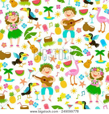 Seamless Pattern With Kids In Hawaiian Outfits And Other Tropical Items.