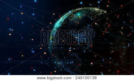 3d Planet Earth In Global Futuristic Cyber Network With Bitcoin, Litecoin, Ethereum And Other Crypto