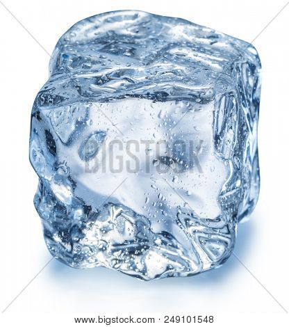 Ice cube with water drops. Macro shot. Clipping path.
