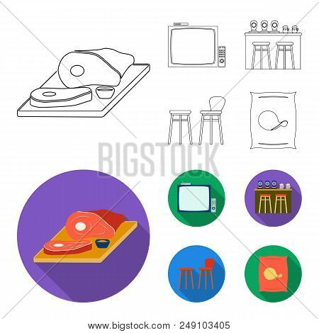 Tv, Bar Counter, Chairs And Armchairs, Potato Chips. Pub Set Collection Icons In Outline, Flat Style