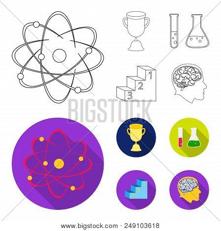 A Cup, Test Tubes With A Reagent, A Pedestal, A Man Head With A Brain. School Set Collection Icons I
