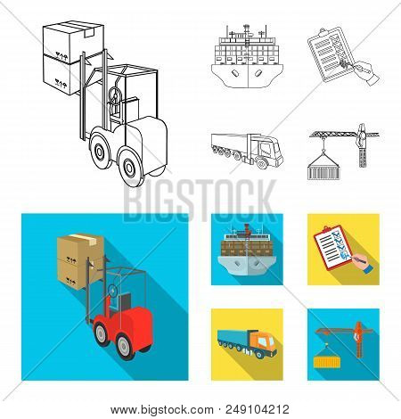 Sea Freight, Signature Of Delivery Documents, Truck, Tower Crane With A Container. Logistics And Del
