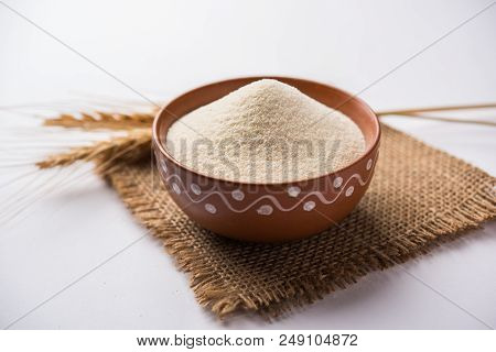 Raw Semolina Flour Or Rava Powder Is The Coarse, Purified Wheat Middlings Of Durum Wheat. Served Ove
