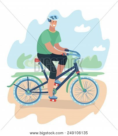Vector Cartoon Illustration Of Smiling Cartoon Man Riding On A Bike In Helmet In Park. Male Characte