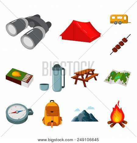 Rest In The Camping Cartoon Icons In Set Collection For Design. Camping And Equipment Vector Symbol 