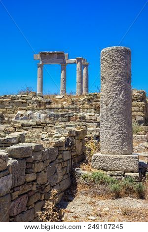 Ancient Ruins In The Island Of Delos In Cyclades, One Of The Most Important Mythological, Historical