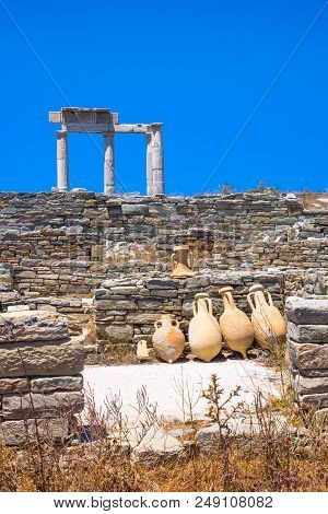 Ancient Ruins In The Island Of Delos In Cyclades, One Of The Most Important Mythological, Historical