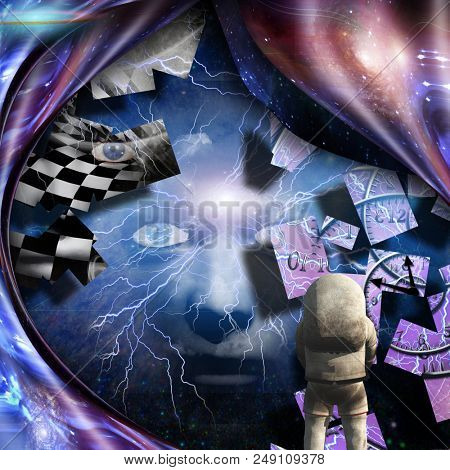 Surrealism. Spirals of time and warped space. Astronaut. Woman's face with lightnings in deep space. 3D rendering