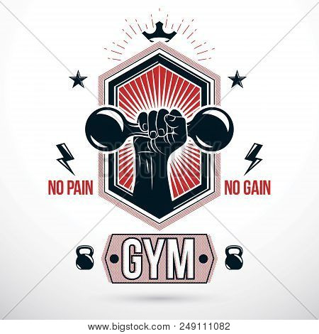 Graphic Vector Sign Created With Strong Athlete Biceps Arm, Dumb-bell And Kettle Bell Sport Equipmen