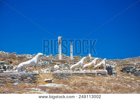 Ancient Ruins In The Island Of Delos In Cyclades, One Of The Most Important Mythological, Historical