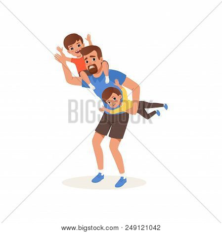 Tired Father Playing With His Sons, Parenting Stress Concept, Relationship Between Children And Pare