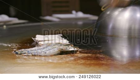 Teppanyaki in Taiwan restaurant, grilling seafood and meat