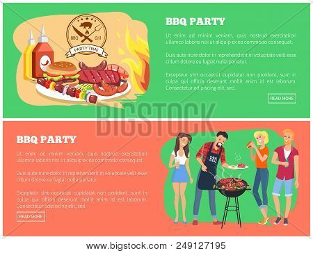 Bbq Party Collection Of Web Pages With Text Sample And Buttons, Brochette And Sausages, Steak And Ve