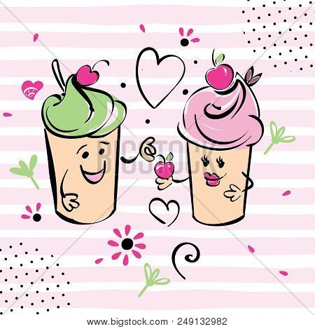 Girl And Boy Ice Cream Character And Cherry, Hearts, Pink Stripes. The Boy Gives The Cherry To The G