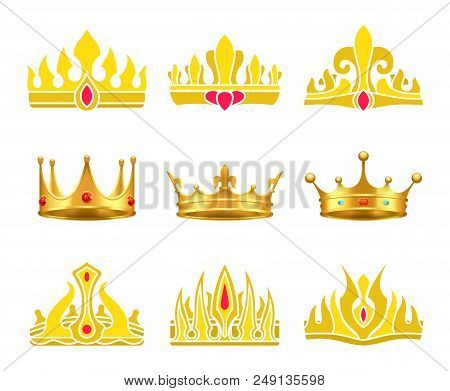 Kings And Queens Gold Crowns Inlaid With Gems. Shiny Heraldic Crowns Of Standard And Unusual Designs